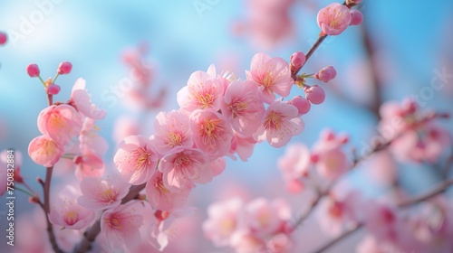 Pink sakura blossoms against blue sky background