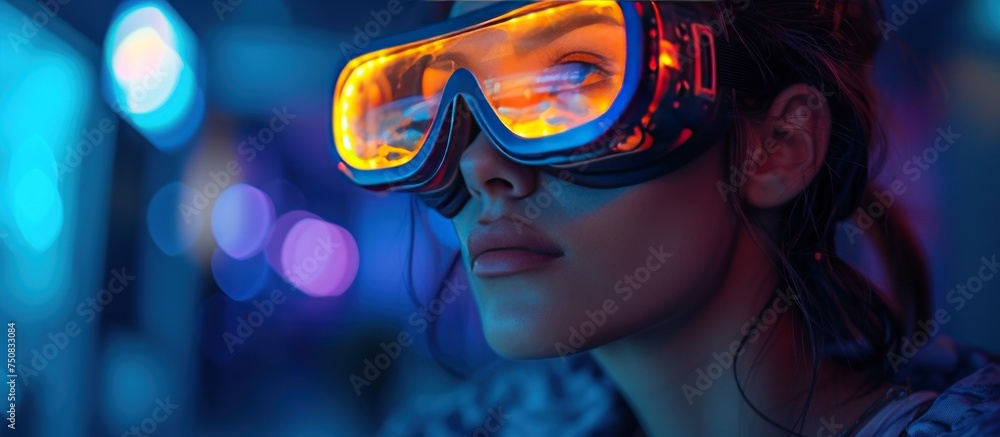 woman experimenting immersive experience at night woman experimenting immersive experience at night