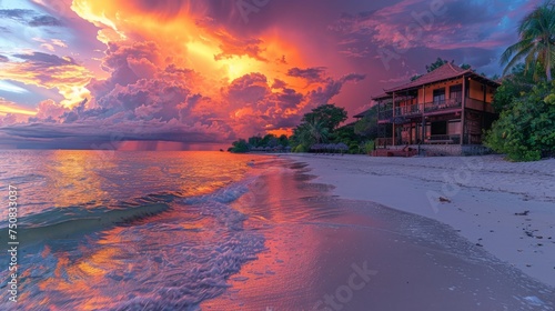 Sunset Over Ocean With Building in Background