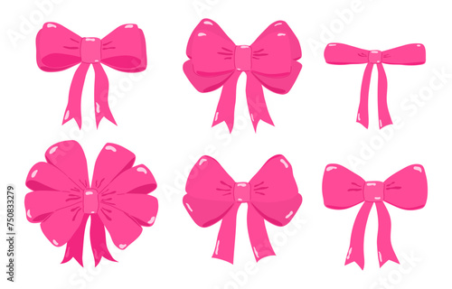 Glamorous set of pink ribbon bows drawn in hand drawn style. Decor for gifts, holidays, hair accessories