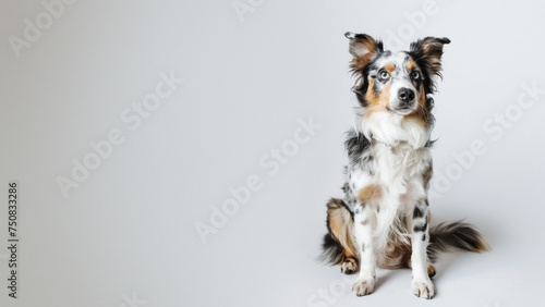 A highly attentive Merle Border Collie sitting poised against a stark white background, illustrating the beauty and focus of the breed