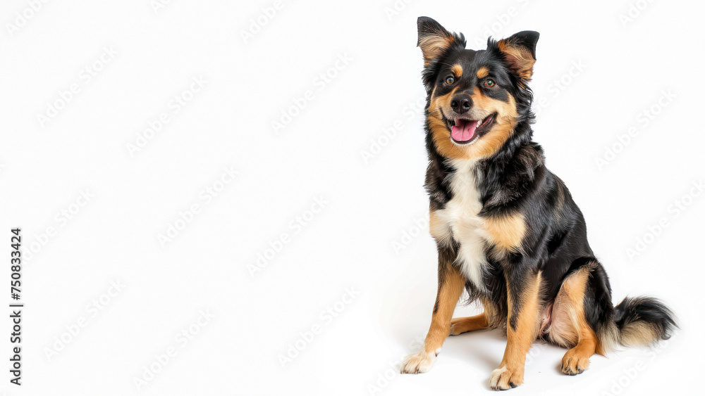 A black and tan dog sits smiling, exuding a warm and friendly demeanor against a blank white backdrop