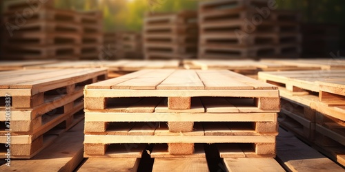 Stack of wooden pallet. Industrial wood pallet at factory warehouse. Cargo and shipping. Sustainability of supply chains. Eco-friendly and sustainable properties.
