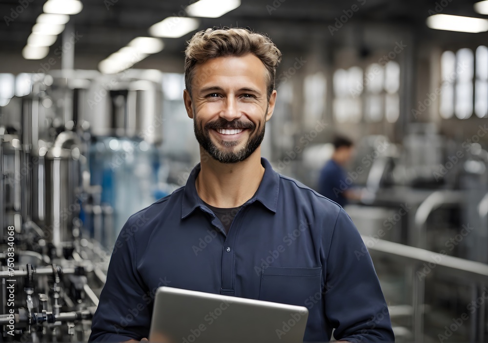Portrait of smiling caucasian technologist expert with tablet computer standing by automated machine for water production in bottling factory. Portrait of smiling caucasian technologist expert with tablet computer standing by automated machine for water production in bottling factory.