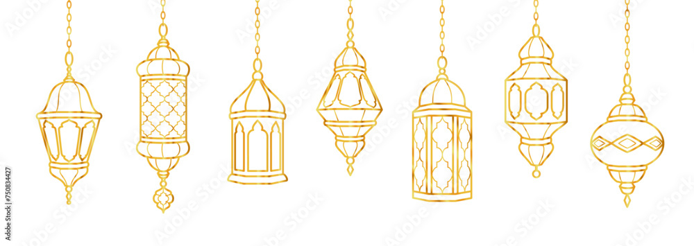 Ramadan golden lanterns decoration. Islamic celebration border. Hanging traditional eastern lamps isolated on white. Muslim holidays garland. Vector Ramadan golden lanterns decoration. Islamic celebration border. Hanging traditional eastern lamps isolated on white. Muslim holidays garland. Vector