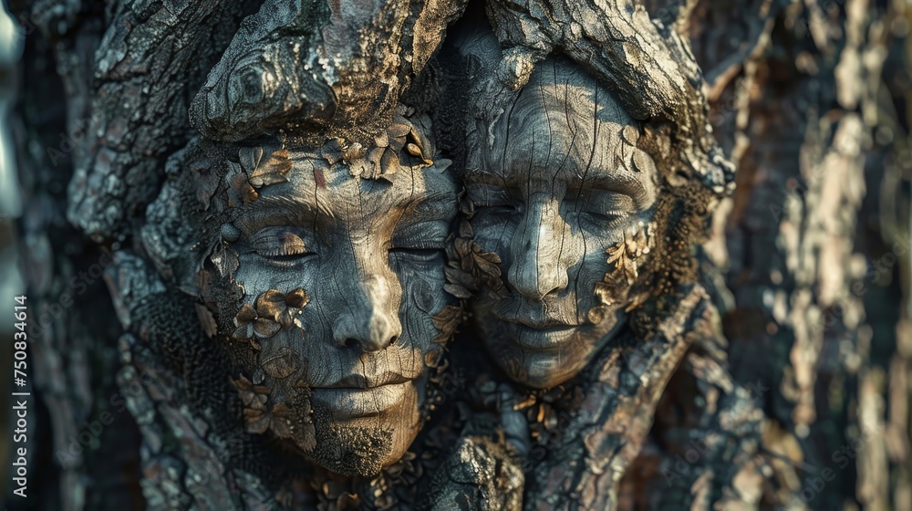 An intricate sculpture of two faces intimately nestled within the grooves of tree bark, illustrating a connection with nature.