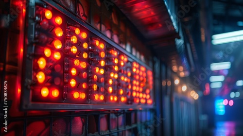 A close-up of red warning lights on a complex control panel, depicting urgent alerts in an industrial setting. © Sodapeaw