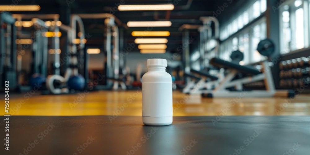 A white supplement bottle stands in sharp focus against a blurred backdrop of gym equipment, emphasizing the theme of health and fitness. A white supplement bottle stands in sharp focus against a blurred backdrop of gym equipment, emphasizing the theme of health and fitness.