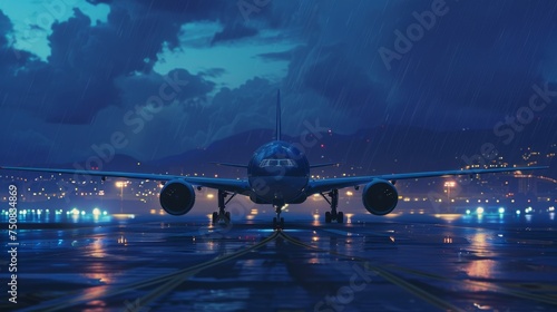 Airplane facing storm on illuminated runway. Evening rainfall over airplane at airport. Jetliner awaiting takeoff in rainy twilight.