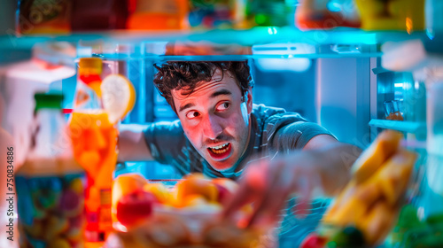 Man surprised by fridge content at night. Man reaching into refrigerator for midnight snack. A man appears funny as he reaches into a brightly lit fridge at night.