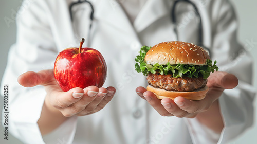 Doctor is holding fresh apples and a burger in his hands. Proper and healthy nutrition. Healthy lifestyle The concept of world health and healthy eating day