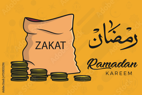 Stack of gold coins and charity money bag for zakat in holy month of Ramadan with Lantern Lamps vector illustration. Muslim concept for zakat property, income and "fitrah" zakat.

