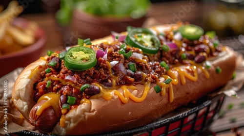 Chili Cheese Dog in Red Bowl