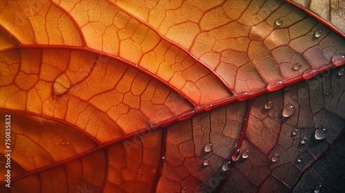 A close-up of a single autumn leaf covered in morning dew  showcasing the intricate details and rich colors.