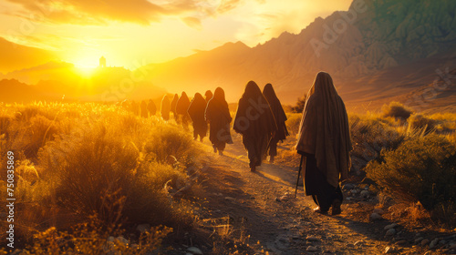 A procession of pilgrims walks along a dusty path towards a distant church photo