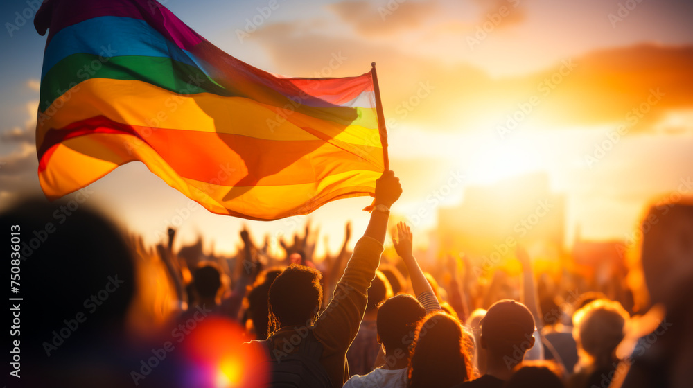 Pride Celebration: Crowd with Rainbow Flag - obrazy, fototapety, plakaty 