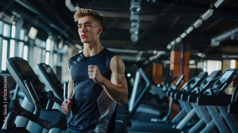 Caucasian man running on treadmill in gym. Caucasian man running on treadmill in gym.