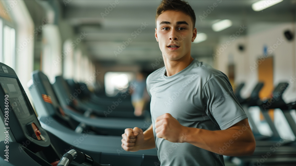 Caucasian man running on treadmill in gym. Caucasian man running on treadmill in gym.