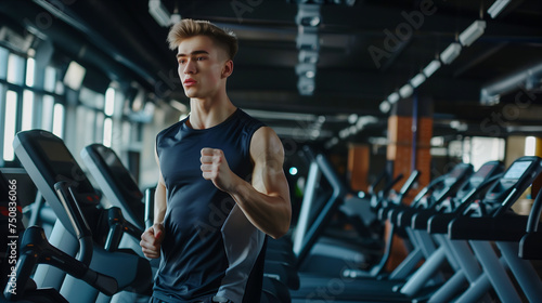 Caucasian man running on treadmill in gym.