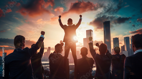 Back view of a victorious business team with raised fists, celebrating success in front of a city skyline at sunset, symbolizing achievement and teamwork