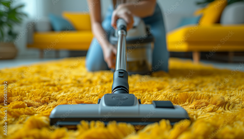 Woman hands holding vacuum cleaner and vacuum the yellow carpet. Cleaning concept Woman hands holding vacuum cleaner and vacuum the yellow carpet. Cleaning concept