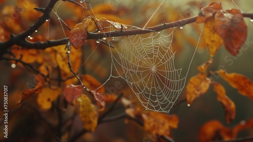 A close-up of a spiderweb covered in morning dew, suspended between two autumn branches, capturing the delicate beauty of nature in the fall.