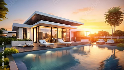 3d rendering of modern house by the river at morning, house, luxury, villa, modern, architecture, building, exterior, residential, property, designer photo
