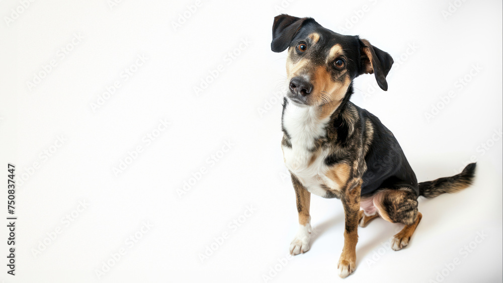 A mixed breed dog with a curious and focused expression sits against a white background highlighting its sharp features and unique coat