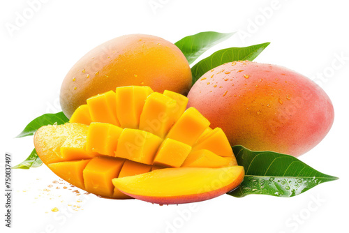 whole and slice ripe mango fruit with green leaves,Isolated on a transparent background.