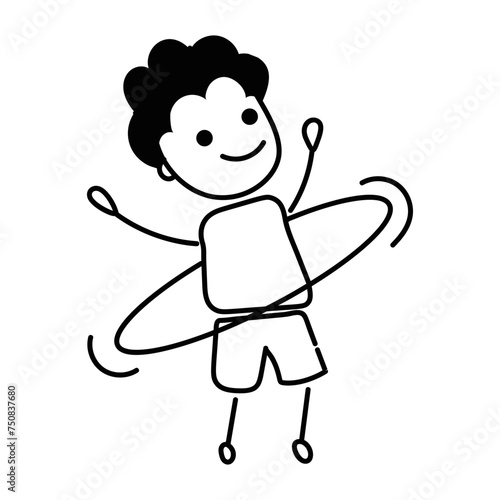 A doodle icon of kid playing with hula hoop 