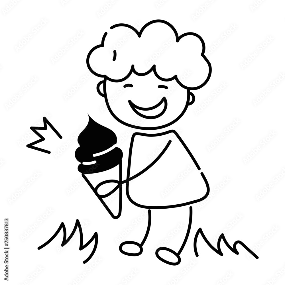 Happy child eating dessert, doodle style icon Happy child eating dessert, doodle style icon