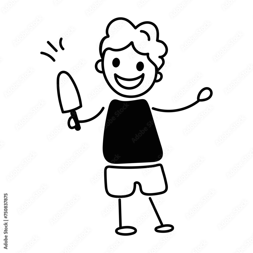 Trendy doodle icon of a kid eating popsicle Trendy doodle icon of a kid eating popsicle