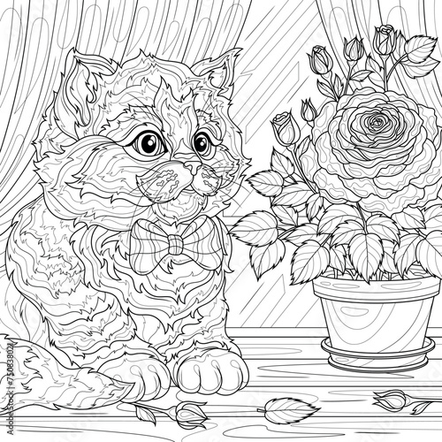 A cat on the windowsill and a rose in a pot.Coloring book antistress for children and adults.