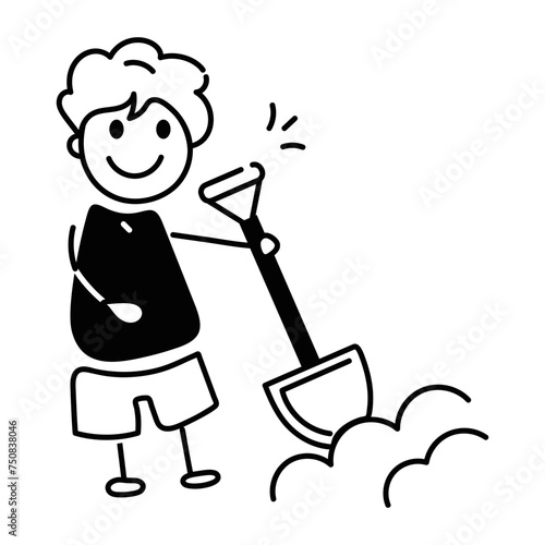 Smiling boy holding digging shovel, doodle style icon 