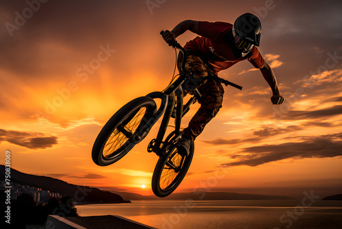 Illuminated by the Setting Sun: A BMX Rider Enthralls with Breathtaking Mid-Air Stunt in an Urban Skate Park