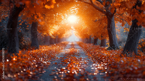 Autumn forest path. Orange color tree, red brown maple leaves in fall city park. Nature scene in sunset fog Wood in scenic scenery Bright light sun Sunrise of a sunny day, morning sunlight view.