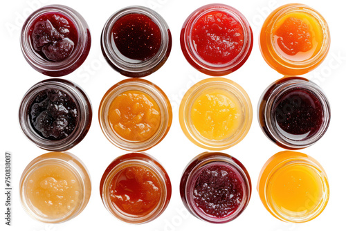 top view of open jars of various homemade jams,Isolated on a transparent background.