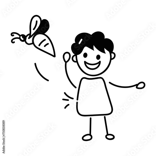 Check out doodle icon of a kid catching bee 