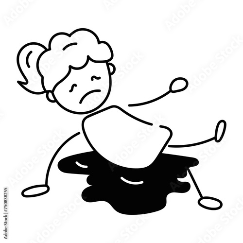 Girl slipping in the water, doodle style icon 