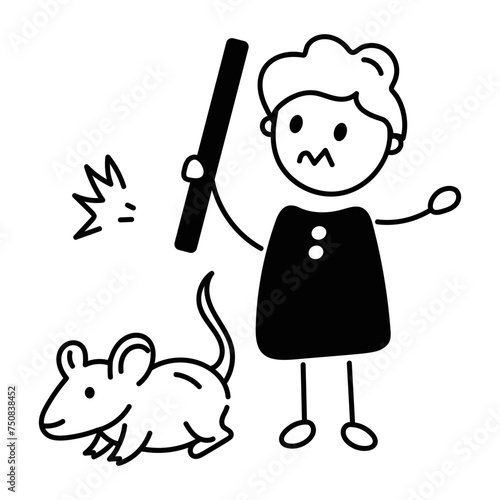 Ready to use doodle icon of a kid catching rat 