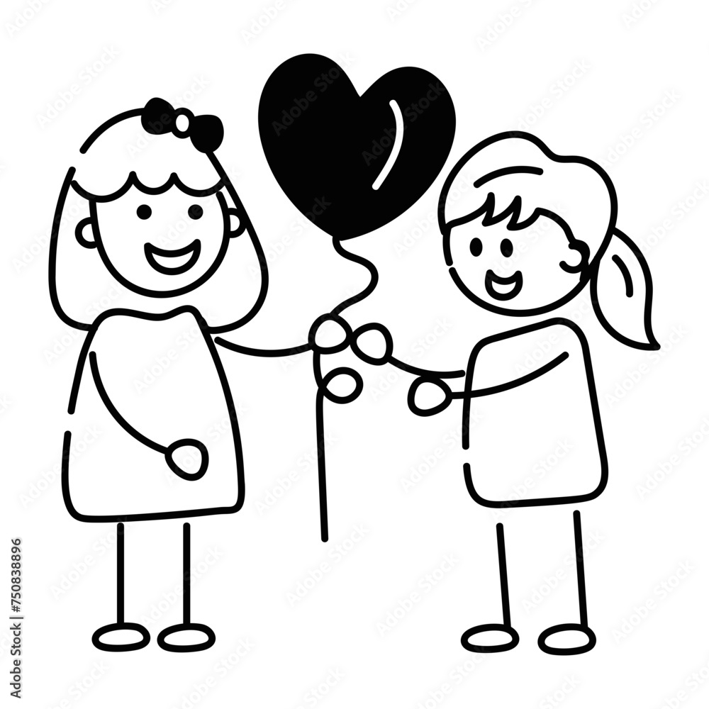Trendy doodle icon of kids playing balloons Trendy doodle icon of kids playing balloons