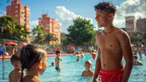 Young Boy Standing Next to Swimming Pool