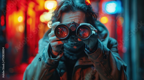 Man Looking Through Binoculars in City at Night