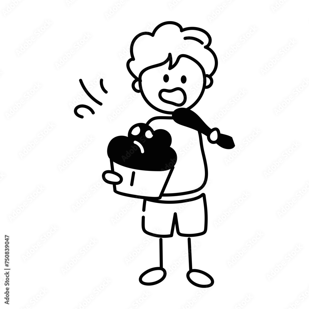 Download doodle icon of boy eating cupcake 