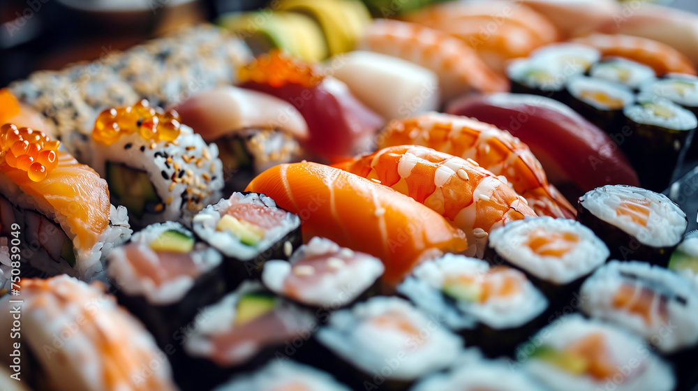 Mixed sushi maki and nigiri pieces. Mixed sushi maki and nigiri pieces.