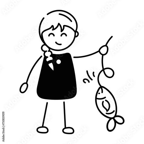 Handy doodle icon of a girl catching fish 