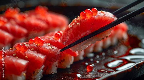 Closeup of a Japanese red tuna nigiri sushi taken by chopstick.