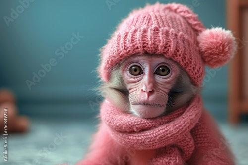 A pink monkey in a warm hat sitting in a blue interior © Александр Лобач