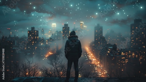 Person Standing on Hill Overlooking City at Night © olegganko