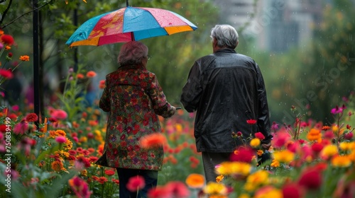 Man and Woman Walking Through Field of Flowers